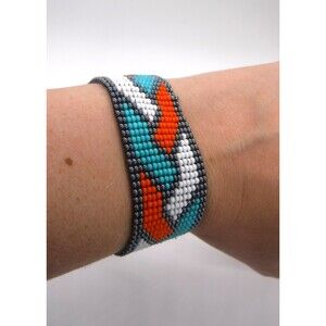 Loom Beaded Bracelet Orange, White & Teal w/ Vegan Leather